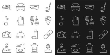 Kış sporcusu Snowboard yerini dağ Biatlon tüfeği, Noel eldiveni, buz yüzeyi ve kar ayakkabısı ikonu ile belirle. Vektör.