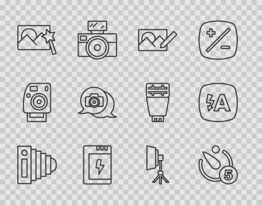 Softbox ışığı ve otomatik flaş simgesi için Bataryayı ayarlayan foto kamera zamanlayıcısını ayarla. Vektör.