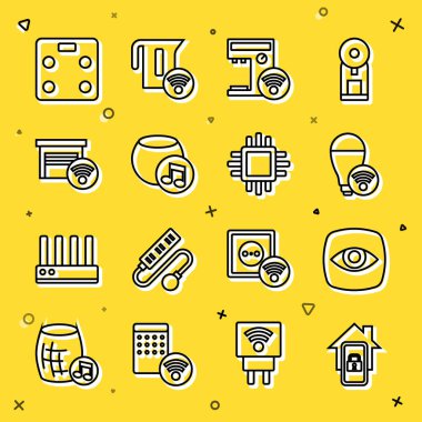 Akıllı ev güvenlik kamerası, akıllı ampul kahve makinesi ses asistanı garaj terazisi ve işlemci işlemci simgesi ile Mobil hattını ayarla. Vektör.