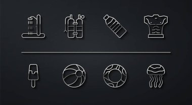 Plaj duşu, vücut geliştiren kas yığını, lastik yüzme topu, su anası ve bir şişe ikon. Vektör.