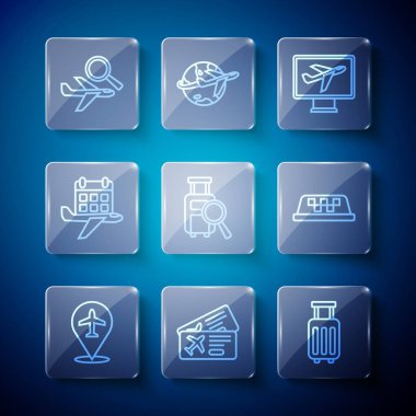 Uçak biletini ayarla bavul kayıp bagaj takvimi ve uçak uçak araması ve taksinin çatı ikonu. Vektör.