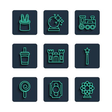 Hattı belirle. Lolipop sirki bileti. Dönme dolaplı oyuncak tren oyuncağı. Su büyücüsü şapkası, tavşan kulağı ve sihirli değnek. Vektör.