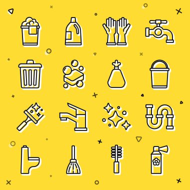 Hava temizleyici sprey şişesi endüstrisi metalik boru kovası eldiven köpük ve çöp torbası ikonlu sabun kutusu. Vektör.