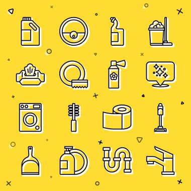 Hattı kurun. Su musluğu süpürgesi ev temizleme servisi. Bulaşık deterjanı, bulaşık deterjanı ve oda spreyi ikonu için ıslak mendil şişesi. Vektör.