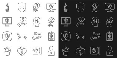 Psikoloji Psişik Kafa ve Kalp Adam sorununa çizgi çiz. Cenaze üzüntüsü, kırık boşanma psikologu online bağımlılık ilacı ve ikonu. Vektör.