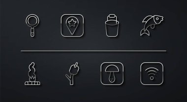 Wi-Fi kablosuz internet ve kova ikonu için çubuk konuma büyüteç kampı balık mantarı marşmelovu koyun. Vektör.