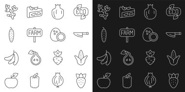 Strawberry Corn Knife Nar Tarlası Salatalık Zencefil kökü ve Hindistan cevizi ikonu. Vektör.