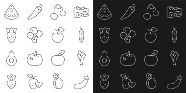 Patlıcan, Salatalıklı Brokoli, Çilekli Salatalık, Karpuz ve Şeftali meyvesi veya nektarin ikonu. Vektör.