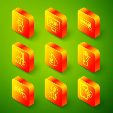 Satır Artırması Antik Vazo Açık Artırma Fiyat etiketi ile Satılık El Açık Artırma ve Raket ikonu. Vektör.