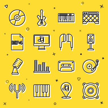 Satır Stereo hoparlörü Müzik Sentezleyici Bilgisayar 'ı MP4 dosya diski ve Air kulaklık simgesi ile ayarla. Vektör.