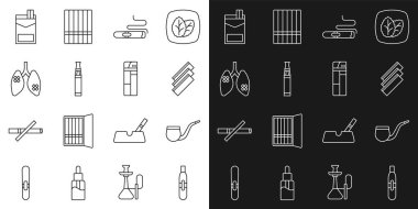 Elektronik sigara. Pipo içilmez. Sigara sarma kağıtları. Ciğer hastalığı, sigara kutusu ve çakmak ikonu. Vektör.