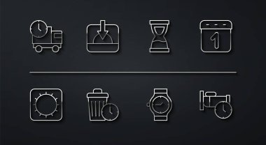 Çizgi teslimat kamyonu ve zamanı ayarla. Güneş Takvimi Bilekliği. Güneş batımını izlemek için zaman kaybı ve eski kum saati simgesi. Vektör.