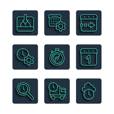 Saat teslimat kamyonu ve saatli büyüteç, Stopwatch yönetim günbatımı ve takvim simgesinde uçar. Vektör.