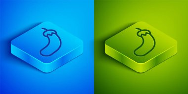 Isometric çizgisi patlıcan simgesi mavi ve yeşil arkaplanda izole edildi. Kare düğmesi. Vektör.