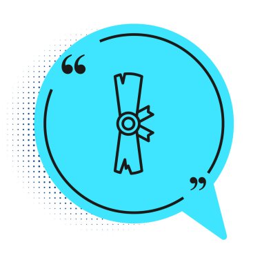 Siyah çizgi Antik papirüs parşömeni simgesi beyaz arkaplanda izole edilmiş. Parşömen kağıdı. Eski Mısır sembolü. Mavi konuşma balonu sembolü. Vektör.