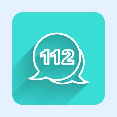 Acil durum telefonlu beyaz hat. 911 ikonunu arayın. Uzun gölgeli bir geçmişi var. Polis, ambulans, itfaiye, çağrı, telefon. Yeşil kare düğmesi. Vektör.