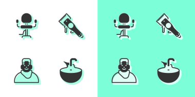 Washbasin 'i, berber koltuğunu, berber dükkanını ve elektrikli makas ikonunu hazırla. Vektör.