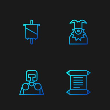 Hüküm, parşömen, parşömen, parşömen, ortaçağ şövalyesi, bayrak ve Joker kafası. Renk simgeleri. Vektör.