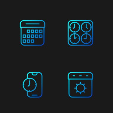 Çizgi çizgisi yaz alarmlı saat uygulaması mobil ve zaman dilimi saatlerini ayarla. Renk simgeleri. Vektör.