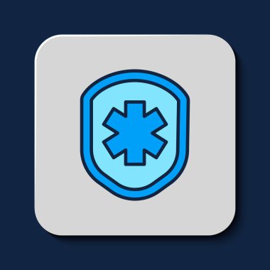 Filled outline Medical shield with cross icon isolated on blue background. Protection, safety, password security. Vector.