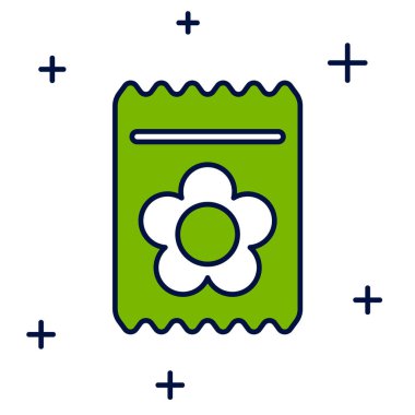 Beyaz arka planda izole edilmiş belirli bir bitki simgesinin tohumlarıyla dolu bir ana hat paketi. Vektör.