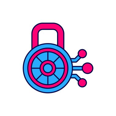 Beyaz arka planda izole edilmiş ana hatlı Siber güvenlik simgesi. Dijital devre kartında kapalı asma kilit. Güvenlik kavramı. Dijital veri koruması. Vektör.