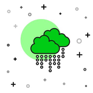 Beyaz arka planda izole edilmiş yağmur ikonu ile ana hatları doldurulmuş. Yağmur damlaları ile yağmur bulutu yağışı. Vektör.