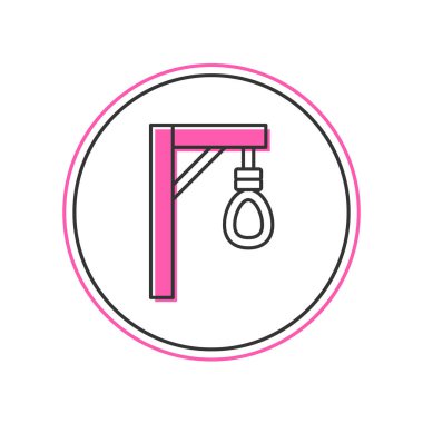 Beyaz arkaplanda izole edilmiş ana hatlı darağacı halat asılı ikonu. İpe bağlanmış halat. İntihar, asılma ya da linç. Vektör.