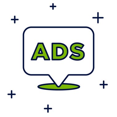 Doldurulmuş ana hat reklam simgesi beyaz arkaplanda izole edildi. Pazarlama ve tanıtım süreci kavramı. İlgili reklamlar. Sosyal medya reklamcılığı. Vektör.