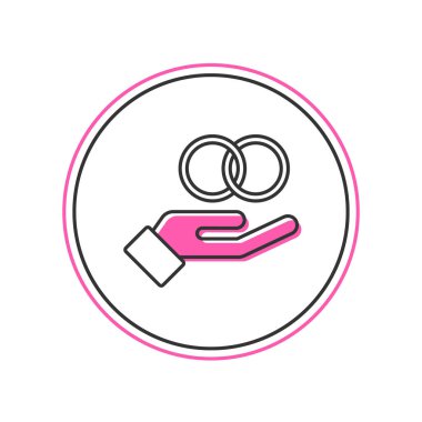 Doldurulmuş alyans simgesi beyaz arkaplanda izole edilmiş. Gelin ve damat mücevher tabelası. Evlilik sembolü. Elmas yüzük. Vektör.