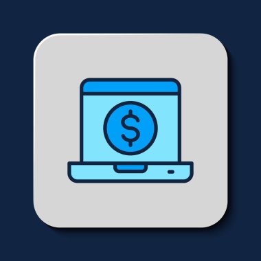 Filled outline Laptop with dollar icon isolated on blue background. Sending money around the world, money transfer, online banking, financial transaction. Vector.