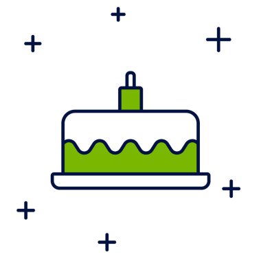 Beyaz arkaplanda izole edilmiş yanan mum ikonu ile ana hatlı pasta dolduruldu. Doğum günün kutlu olsun. Vektör.