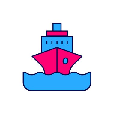 Ana hatları doldurulmuş gemi simgesi beyaz arkaplanda izole edilmiş. Seyahat turizmi deniz taşımacılığı. Yolcu gemisi, yolcu gemisi. Dünya çapında bir gezi. Vektör.