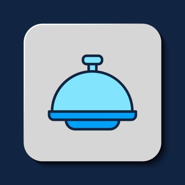 Filled outline Covered with a tray of food icon isolated on blue background. Tray and lid sign. Restaurant cloche with lid. Vector.