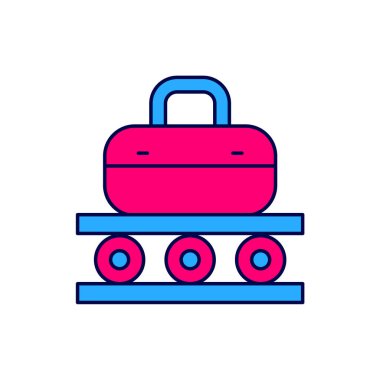 Beyaz arka planda izole edilmiş ana hat havaalanı taşıyıcı bandı, bavul, çanta, bagaj ikonu. Vektör.