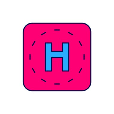 Beyaz arka planda izole edilmiş ana hatlı helikopter iniş pisti simgesi. Helikopter pisti, alan, platform, H harfi. Vektör.