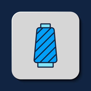 Mavi arkaplanda izole edilmiş makara simgesi üzerindeki ana hatlı dikiş ipliği. İplik makarası. İplik kutusu. Vektör.