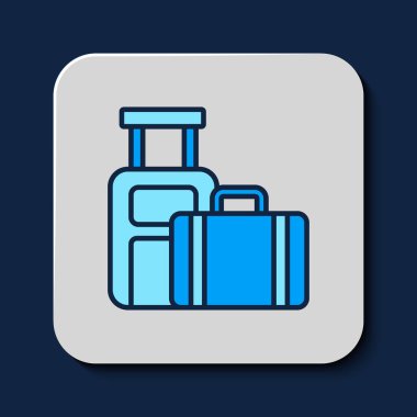 Seyahat simgesi için doldurulmuş bavul mavi arkaplanda izole edildi. Seyahat bagaj tabelası. Seyahat bagaj ikonu. Vektör.