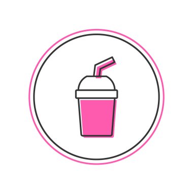 Kağıt bardakla doldurulmuş, beyaz arka planda izole edilmiş saman ve su ikonu var. Soda bardağı. Taze soğuk içecek sembolü. Vektör.