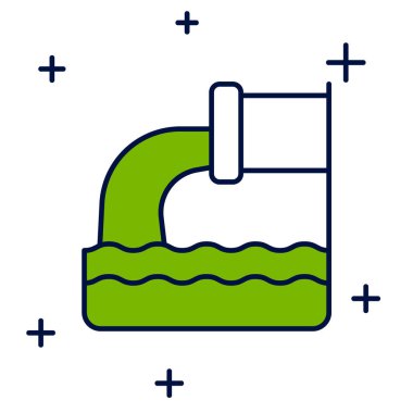 Beyaz arkaplanda izole edilmiş ana hatlı Atık Su simgesi. Kanalizasyon borusu. Borudan nehre sıvı akıyor. Vektör.