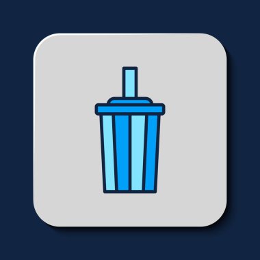 Kağıt bardakla doldurulmuş, mavi arka planda izole edilmiş saman ve su ikonu var. Soda bardağı. Taze soğuk içecek sembolü. Vektör.