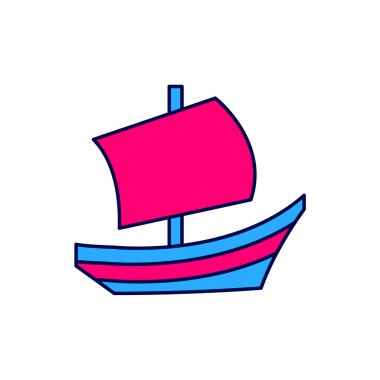 Beyaz arka planda izole edilmiş ana hatlı Mısır gemisi simgesi. Mısır papirüs teknesi. Vektör.