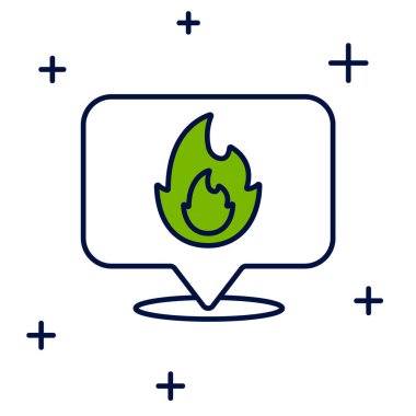 Beyaz arkaplanda izole edilmiş ateş alev ikonu ile ana hatlı harita işaretleyicisi. Yakında yangın var. Vektör.