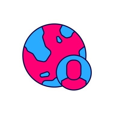 Globe ana hatlarıyla doldurulmuş ve beyaz arka planda izole edilmiş insan simgesi. Küresel iş sembolü. Sosyal ağ simgesi. Vektör.