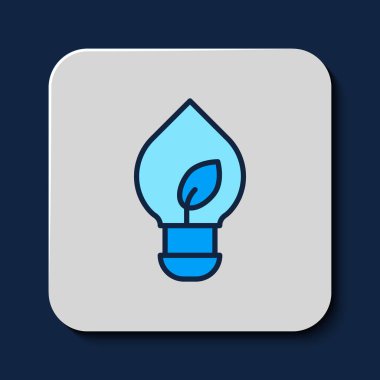 Mavi arkaplanda izole edilmiş yaprak simgesiyle ana hatları doldurulmuş ampul. Çevre enerjisi kavramı. Alternatif enerji kavramı. Vektör.