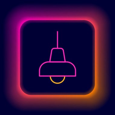 Parlayan neon hattı lambanın asılı ikonu siyah arkaplanda izole edildi. Tavan lambası ampulü. Renkli taslak konsepti. Vektör.