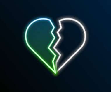 Glowing neon line Broken heart or divorce icon isolated on black background. Love symbol. Happy Valentines day. Colorful outline concept. Vector.