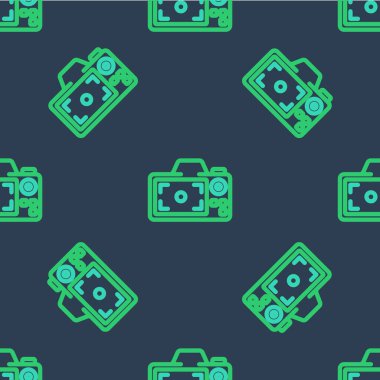 Çizgi fotoğraf makinesi simgesi mavi arkaplanda kusursuz desen izole etti. Foto kamera. Dijital fotoğrafçılık. Vektör.