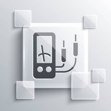 Gri Ampere ölçer, multimetre, voltmetre ikonu gri arkaplanda izole edilmiş. Elektrik akımını ölçmek için araçlar. Kare cam paneller. Vektör.