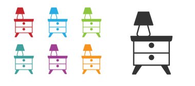 Beyaz zemin üzerinde lamba simgesi olan siyah mobilya sehpası. Simgeleri renklendirin. Vektör.